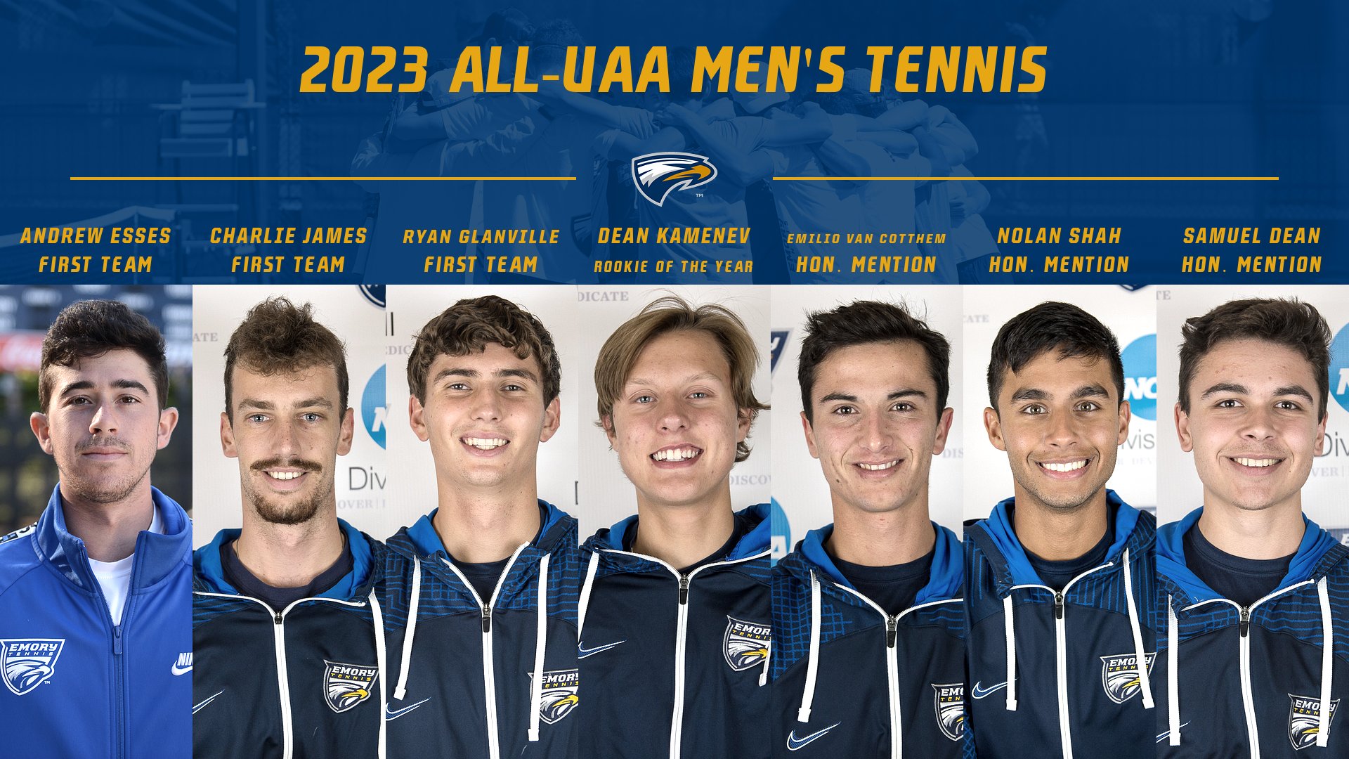 Seven From Men's Tennis Honored on All-UAA Team; Kamenev Named Rookie of the Year